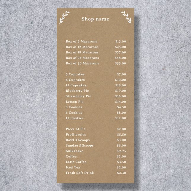 White, Kraft & Rustic Menu & Price List Rack Card (White, Kraft & Rustic Menu & Price List Rack Card)