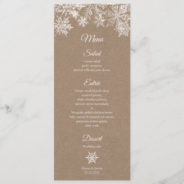 White & Kraft Snowflakes Elegant Winter Christmas Menu (Front)