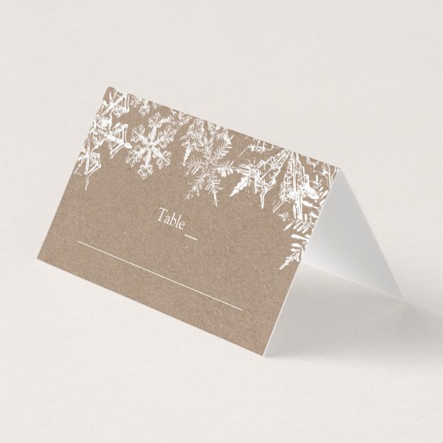 White & Kraft Snowflakes Winter Wedding Place Card (Front)