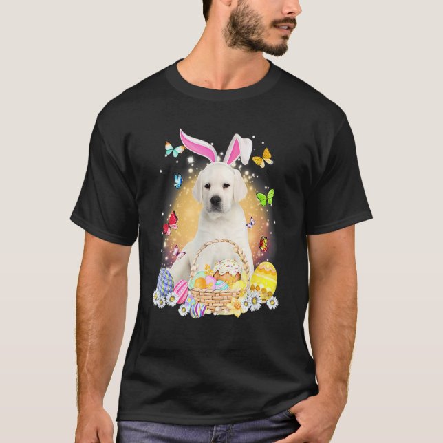 White Labrador Bunny Dog With Easter Eggs Basket T-Shirt (Front)