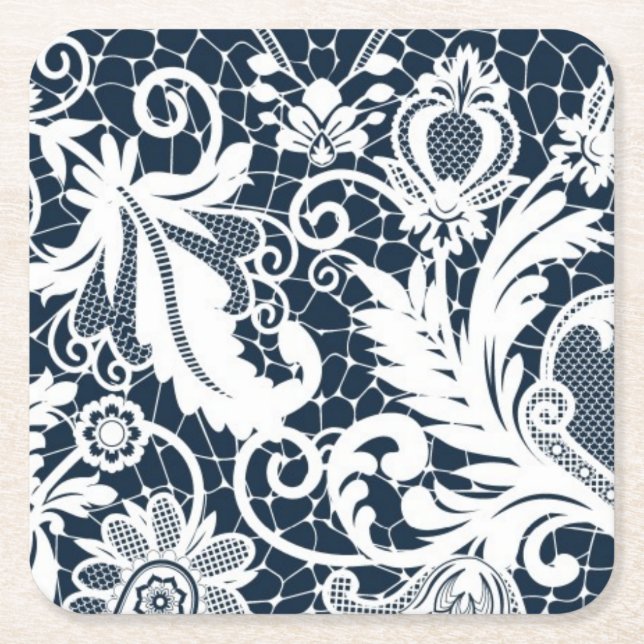 White lace 2 square paper coaster (Front)