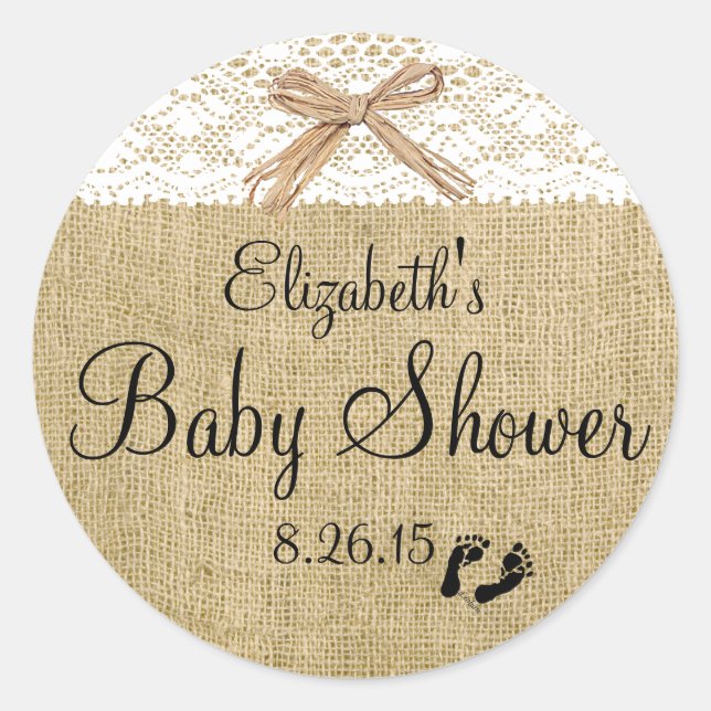 White Lace and Burlap Baby Shower Favour Classic Round Sticker (Front)