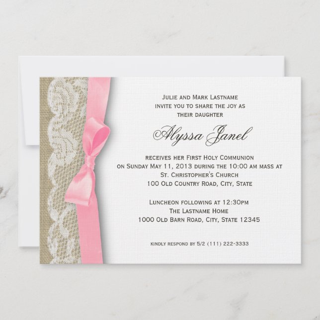 White Lace and Burlap First Communion Invitation (Front)