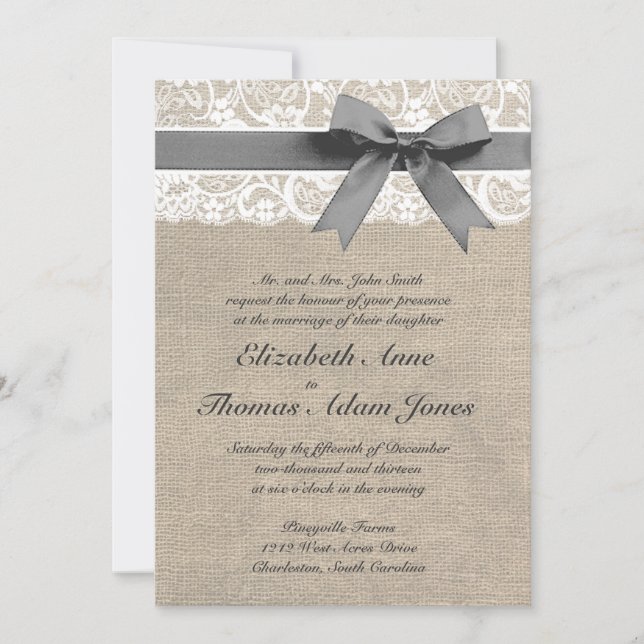 White Lace and Burlap Look Wedding Invitation (Front)