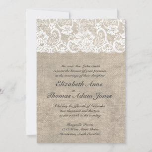White Lace and Burlap Wedding Invitation