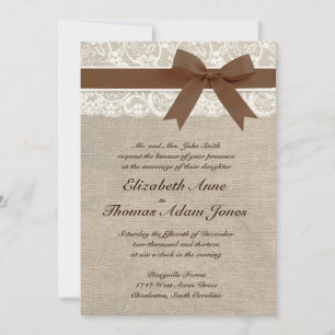 White Lace and Burlap Wedding Invitation- Brown Invitation