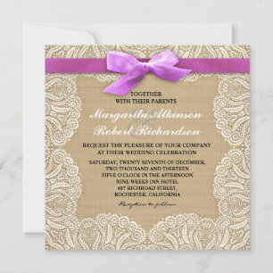 White lace and burlap wedding invitations