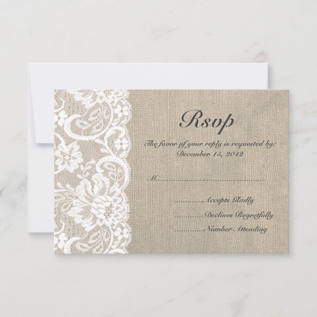 White Lace and Burlap Wedding RSVP Card (Front)