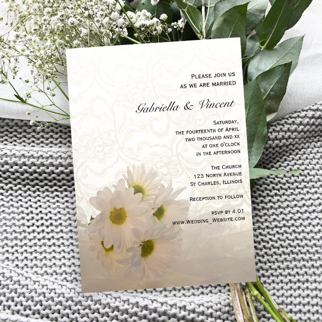 White Lace and Daisies Floral Wedding Invitation (Creator Uploaded)