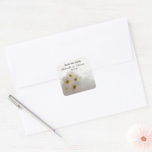 White Lace and Daisies Wedding Save the Date Square Sticker