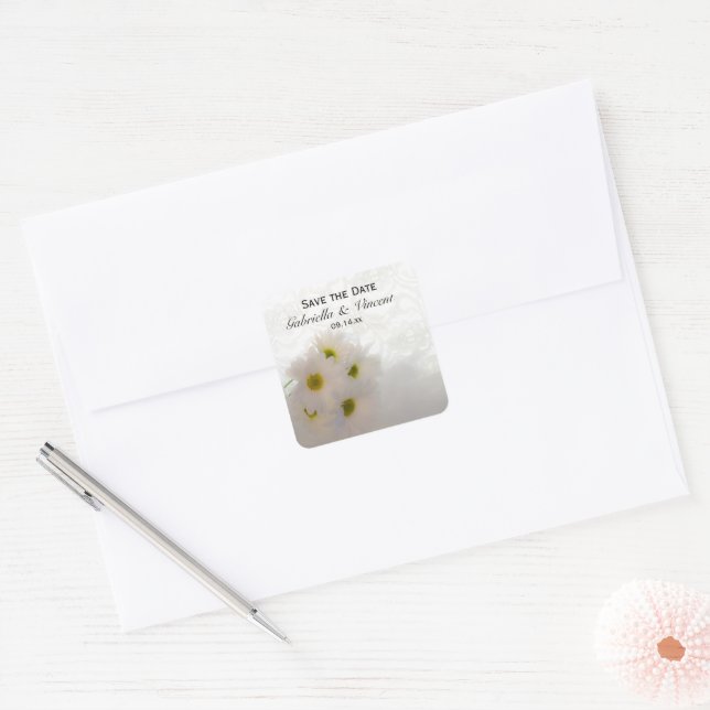White Lace and Daisies Wedding Save the Date Square Sticker (Envelope)