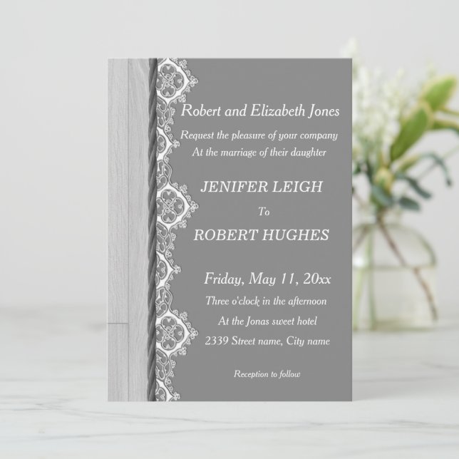 White lace and grey rustic wooden wedding invitation (Standing Front)
