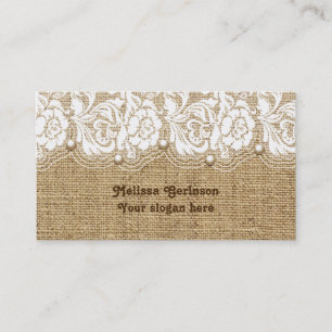 White lace and pearls on linen coloured burlap business card