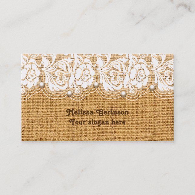 White lace and pearls on orange coloured burlap business card (Front)