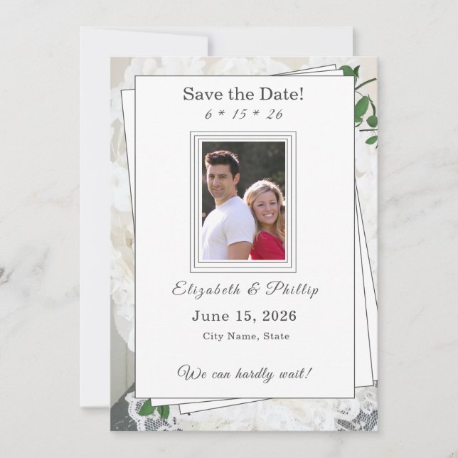 White Lace and Rose Leaves Wedding Save the Date (Front)
