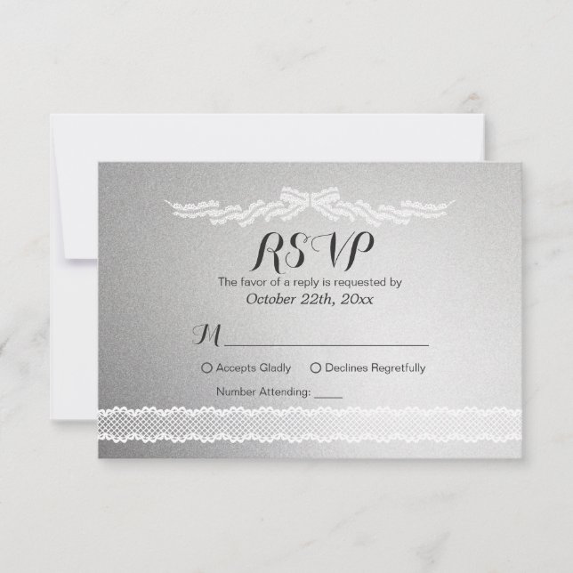 White Lace and Silver Background Wedding RSVP Card (Front)