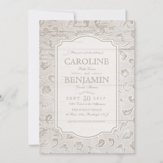 White lace and wood rustic country wedding invitation (Front)