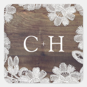 White Lace Barn Wood Monogram Wedding Square Sticker