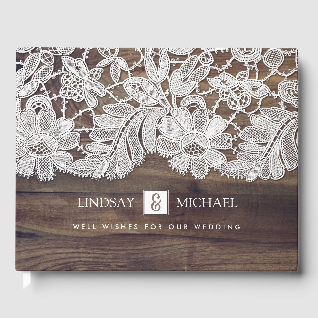 White Lace | Barn Wood Wedding Guest Book (Front)