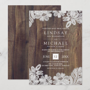 White Lace   Barn Wood Wedding  Invitation