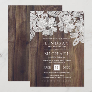 White Lace   Barn Wood Wedding Invitation