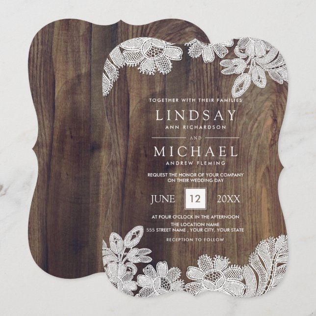 White Lace | Barn Wood Wedding Invitation (Front/Back)