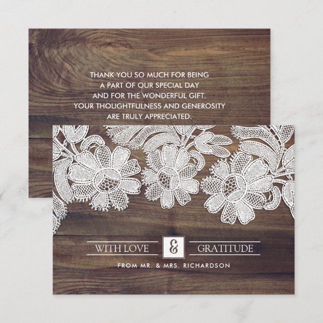 White Lace | Barn Wood Wedding Thank You Cards (Front/Back)