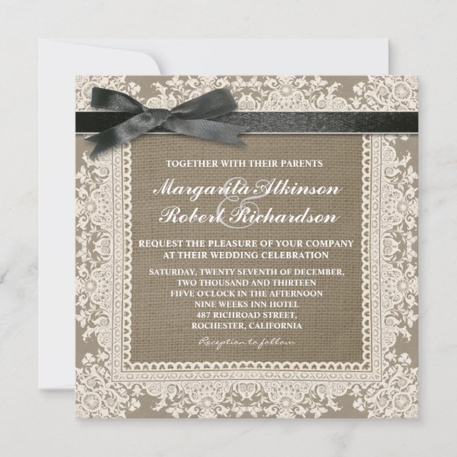 White lace black bow & burlap wedding invitations (Front)