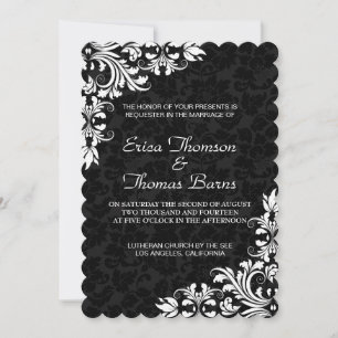 White Lace Black Damasks Wedding Invitation