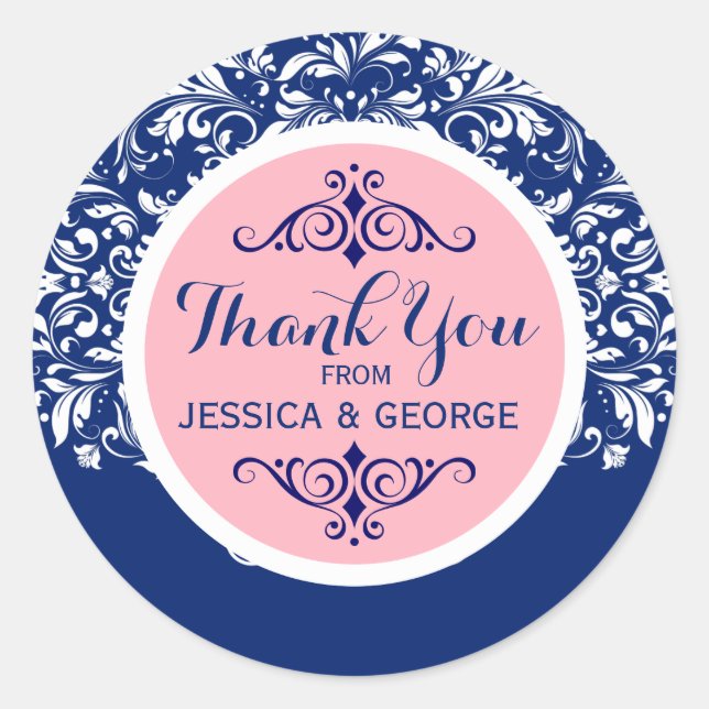 White Lace Blue Background Pink Accent Thank You 2 Classic Round Sticker (Front)