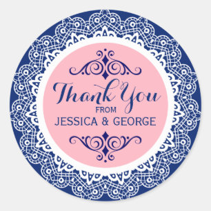 White Lace Blue Background Pink Accents Thank You Classic Round Sticker