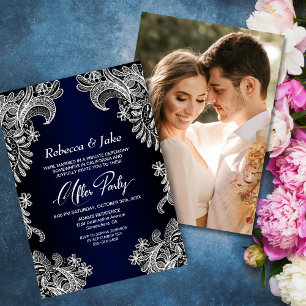 White Lace Blue Custom Photo Wedding After Party Invitation