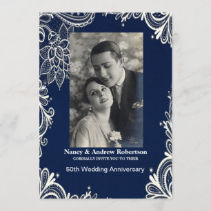 white lace blue nautical 50th wedding anniversary invitation