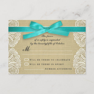 White lace, blue ribbon and burlap wedding RSVP Card