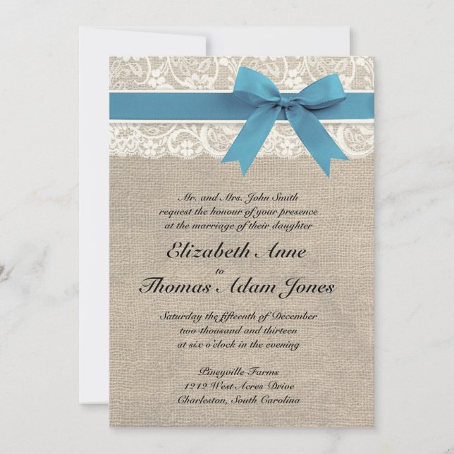 White Lace & Blue Ribbon Burlap Wedding Invitation (Front)