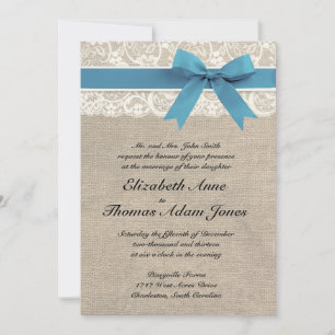 White Lace & Blue Ribbon Burlap Wedding Invitation