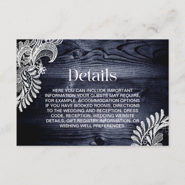 White Lace Blue Wood Wedding Details Enclosure Card (Front)