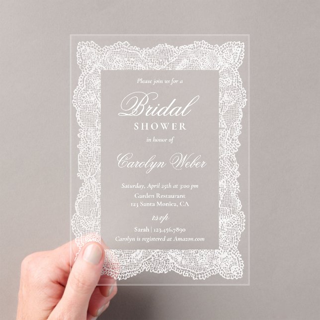 White Lace Bridal Shower Acrylic Invitations (Insitu (Handheld))