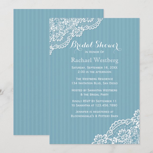 White Lace Bridal Shower Blue Stripes Wedding Invitation (Front/Back)