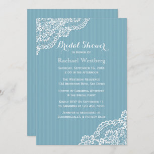 White Lace Bridal Shower Blue Stripes Wedding Invitation