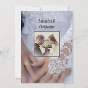 White lace brides wedding dress photo invitation