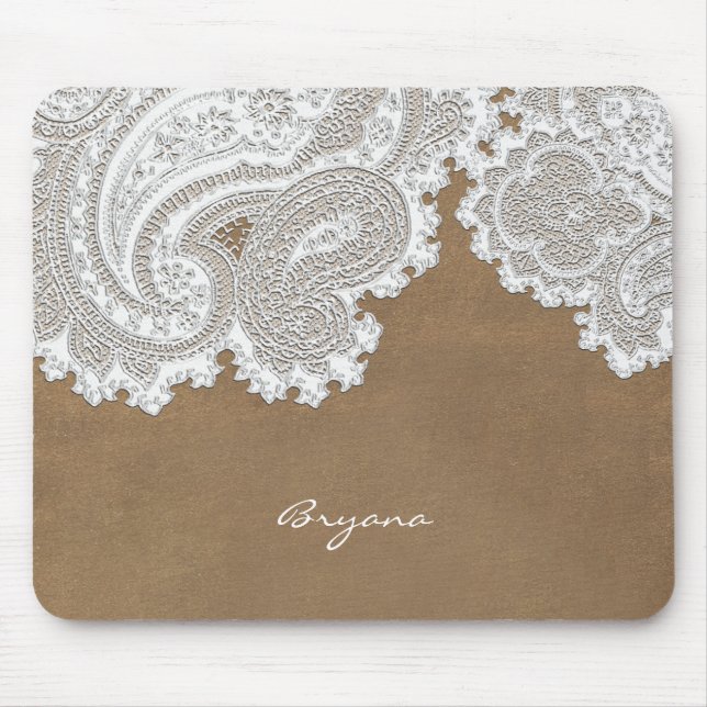 White Lace & Brown Rustic Chic Elegant Country Mouse Mat (Front)