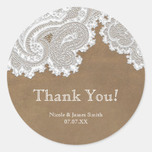 White Lace & Brown Rustic Chic Elegant Wedding Classic Round Sticker