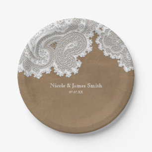 White Lace & Brown Rustic Chic Elegant Wedding Paper Plate