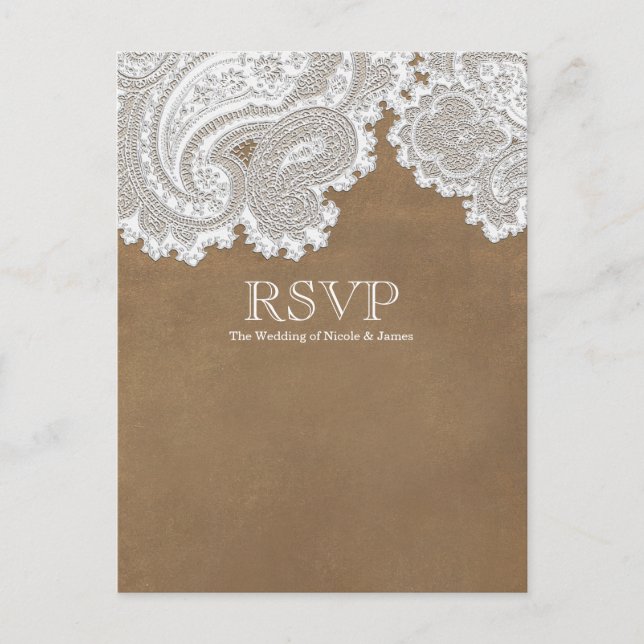White Lace & Brown Rustic Elegant Wedding RSVP Invitation Postcard (Front)