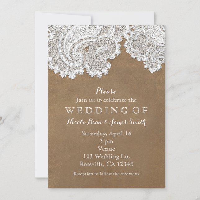 White Lace & Brown Suede Rustic Chic Wedding Invitation (Front)