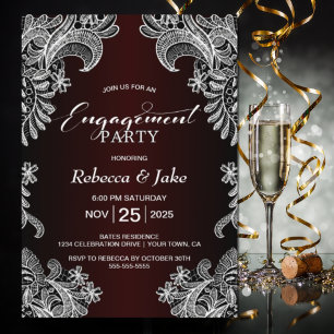 White Lace Burgundy Engagement Party Invitation