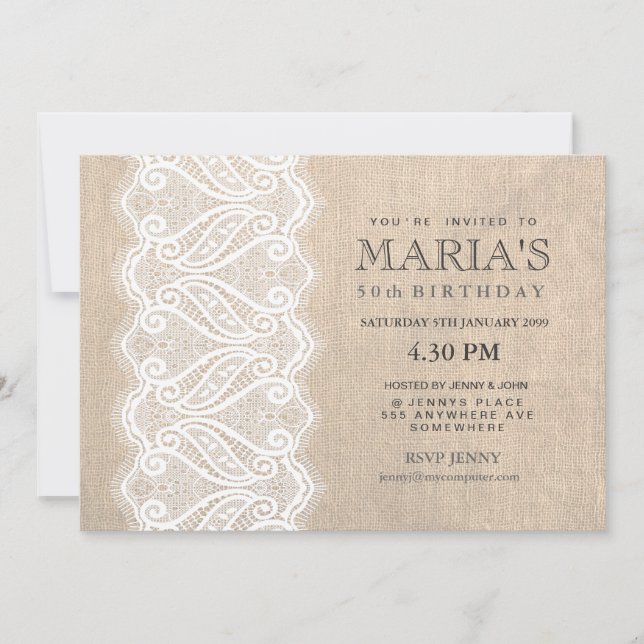 White Lace & Burlap 50th Birthday Party Invite (Front)
