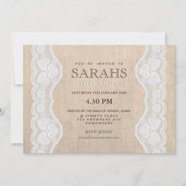 White Lace & Burlap Bridal Shower Party Invite (Front)