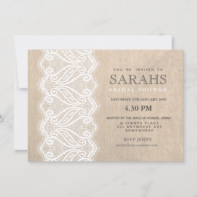 White Lace & Burlap Bridal Shower Party Invite (Front)